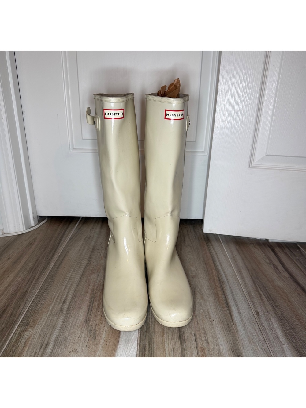 Hunter Original Tall Rain Boots Glossy Off White Cream Womens Sz 9